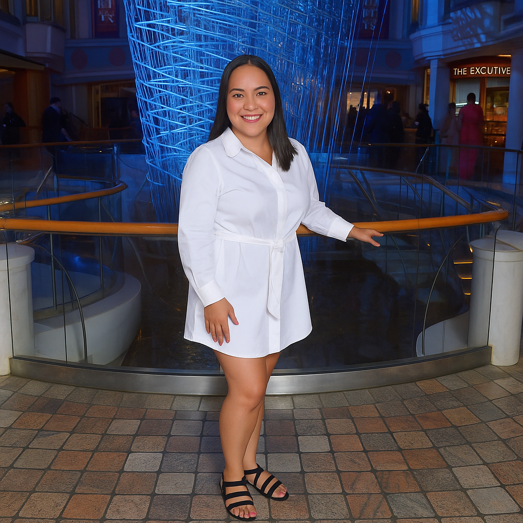 Tina standing in the Centrum aboard ship