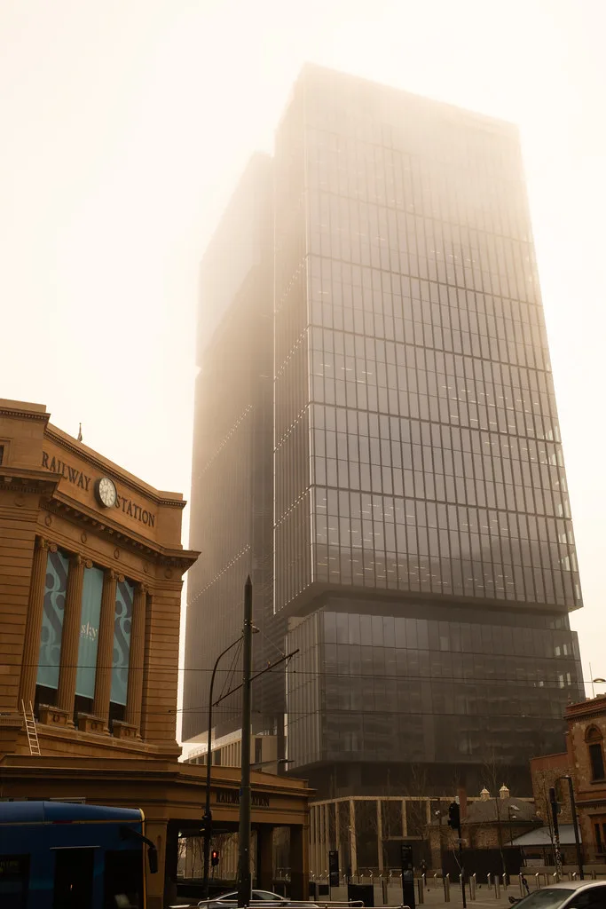 Adelaide city skyline and parklands viewed from the waterfront in South Australia