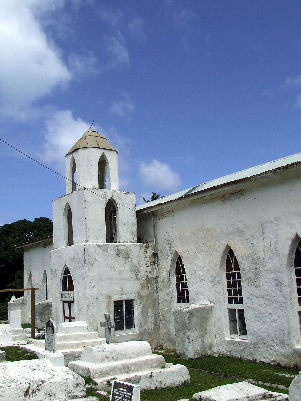 The white coral CICC church in Arutanga village dating to 1828