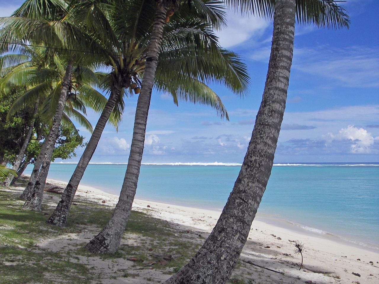 Secluded white sand beach on a small motu in Aitutaki lagoon with palm trees swaying