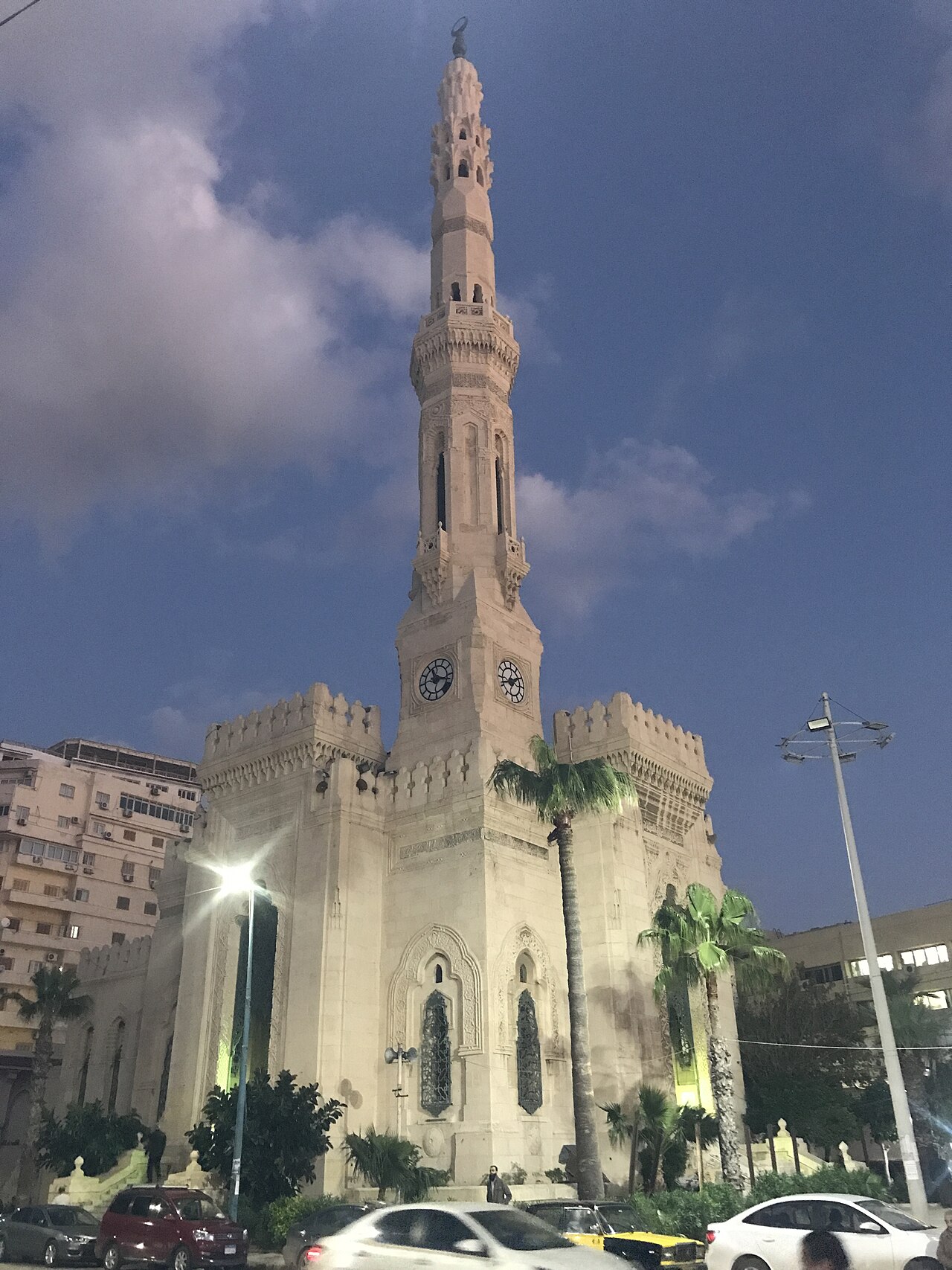 Abu al-Abbas al-Mursi Mosque with white domes and minarets overlooking Alexandria harbour