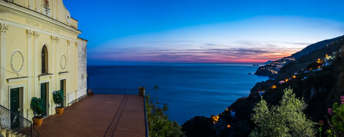 Sunset view from church terrace overlooking the Amalfi Coast