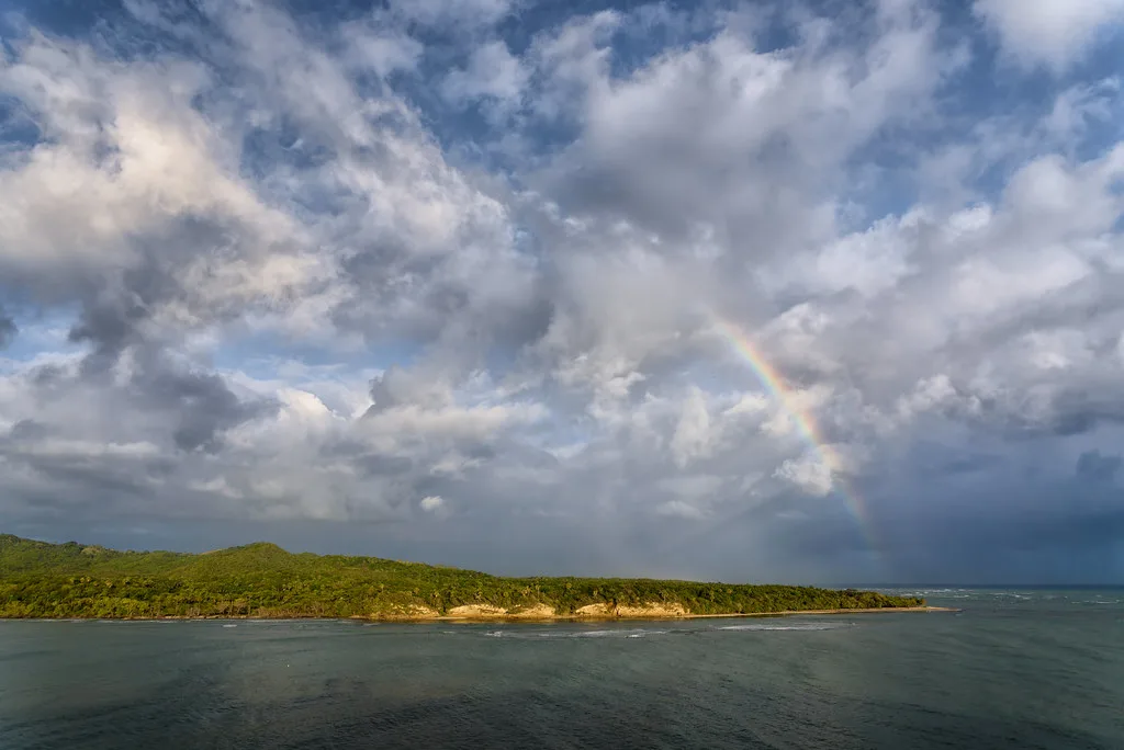 Tropical cruise port of Amber Cove in the Dominican Republic with palm trees and turquoise Caribbean waters