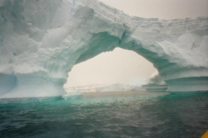 Sculpted iceberg with natural arch formation glowing blue in Antarctic light