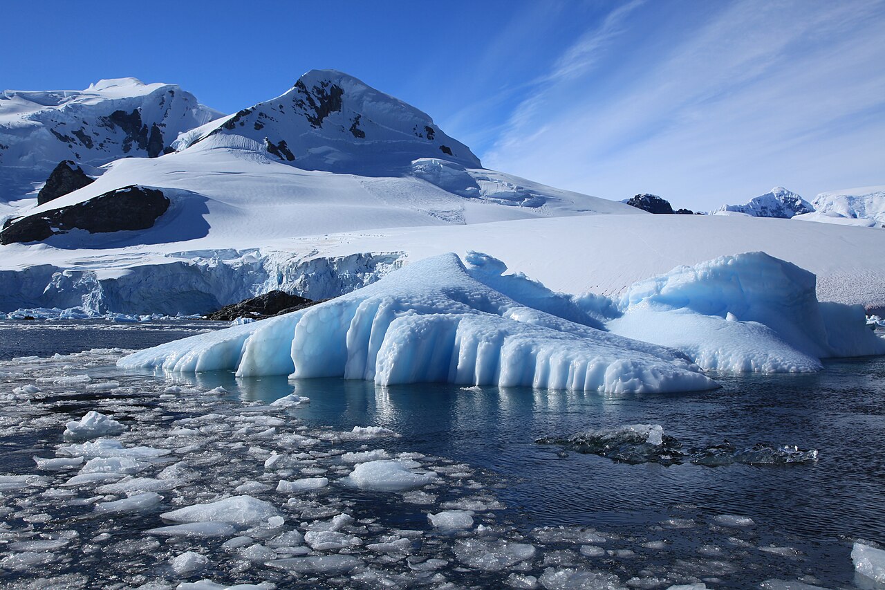 Paradise Harbour with glaciers, icebergs, and snow-covered Antarctic mountains