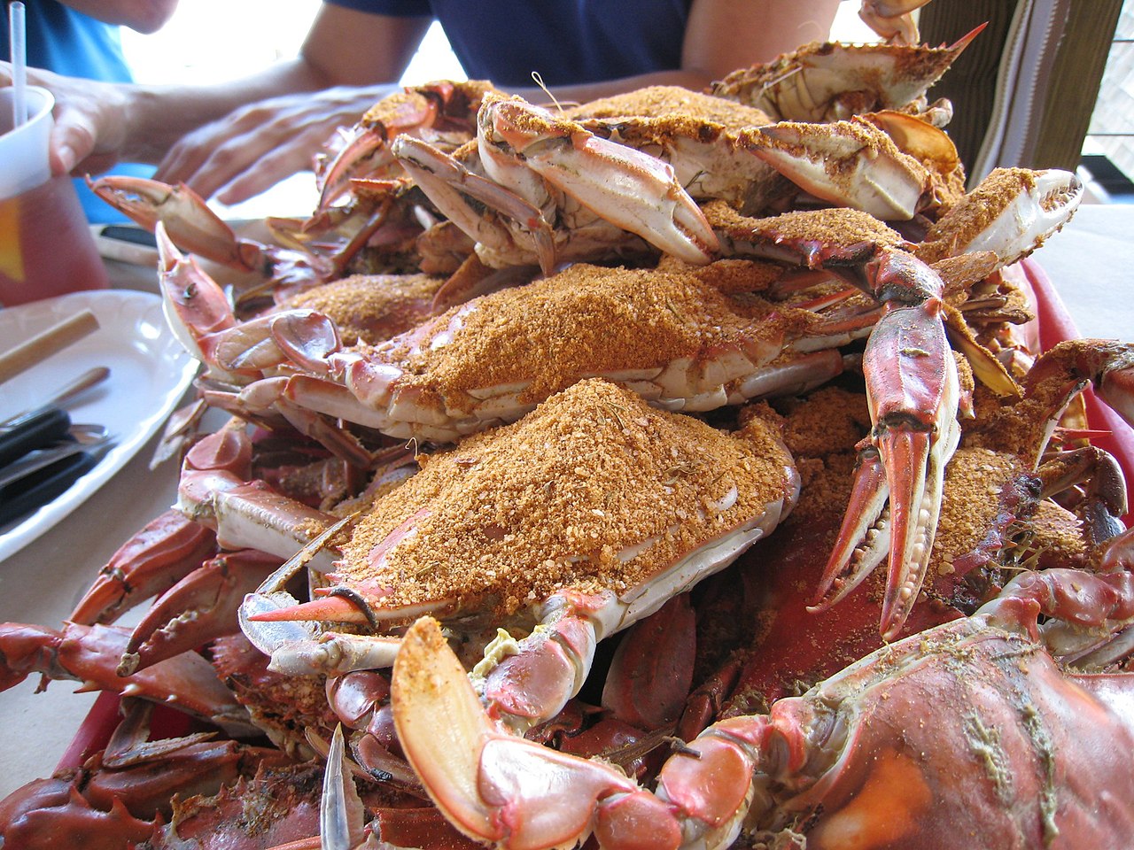 Hands using wooden mallet to crack open Maryland blue crab on brown paper