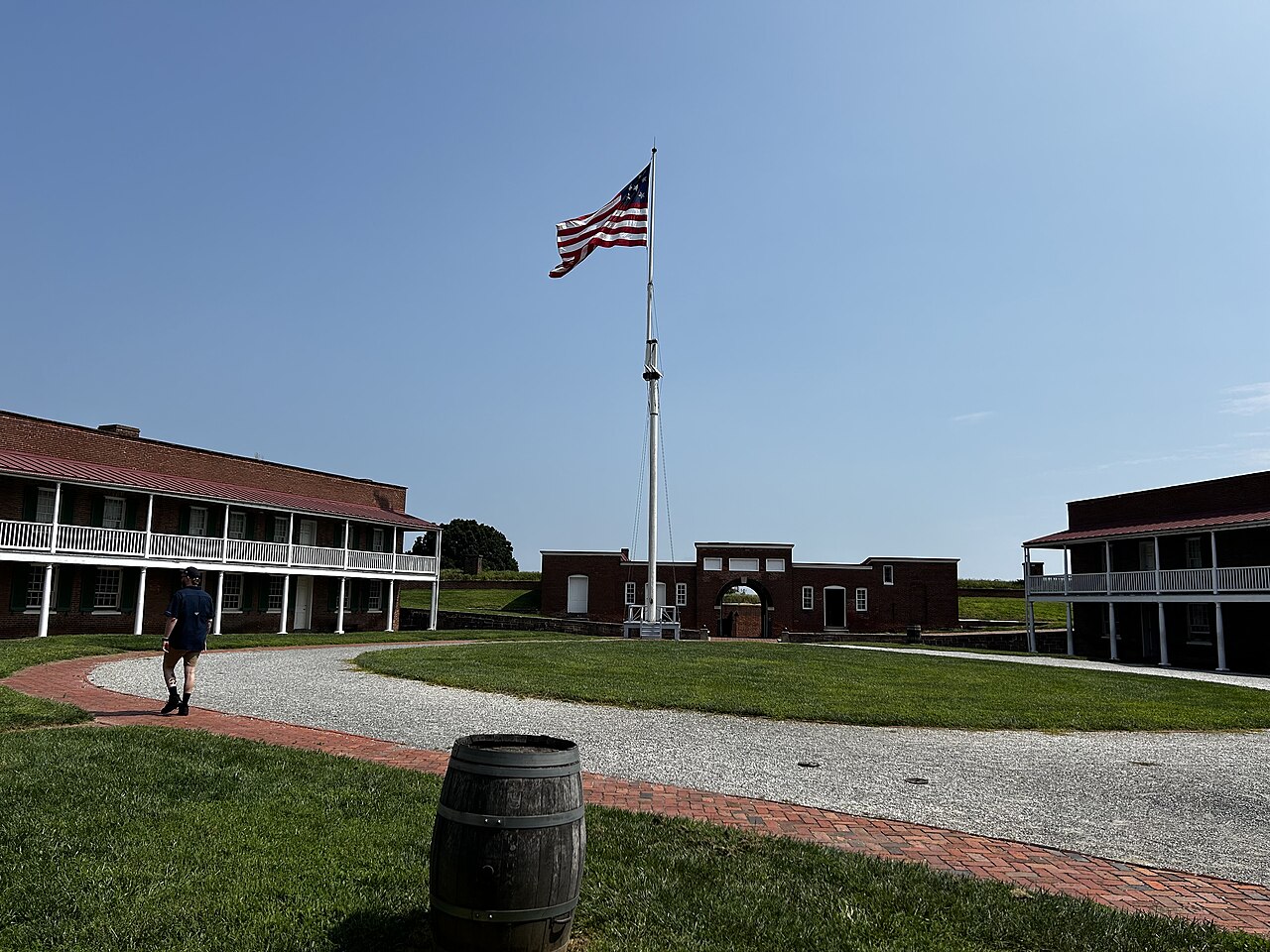 Star-shaped Fort McHenry with large American flag flying above brick ramparts