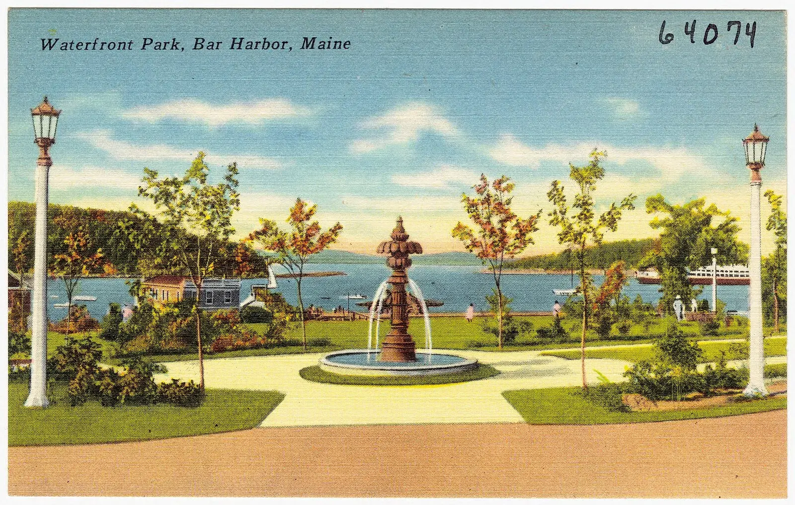 Vintage postcard of Waterfront Park with fountain, Bar Harbor, Maine