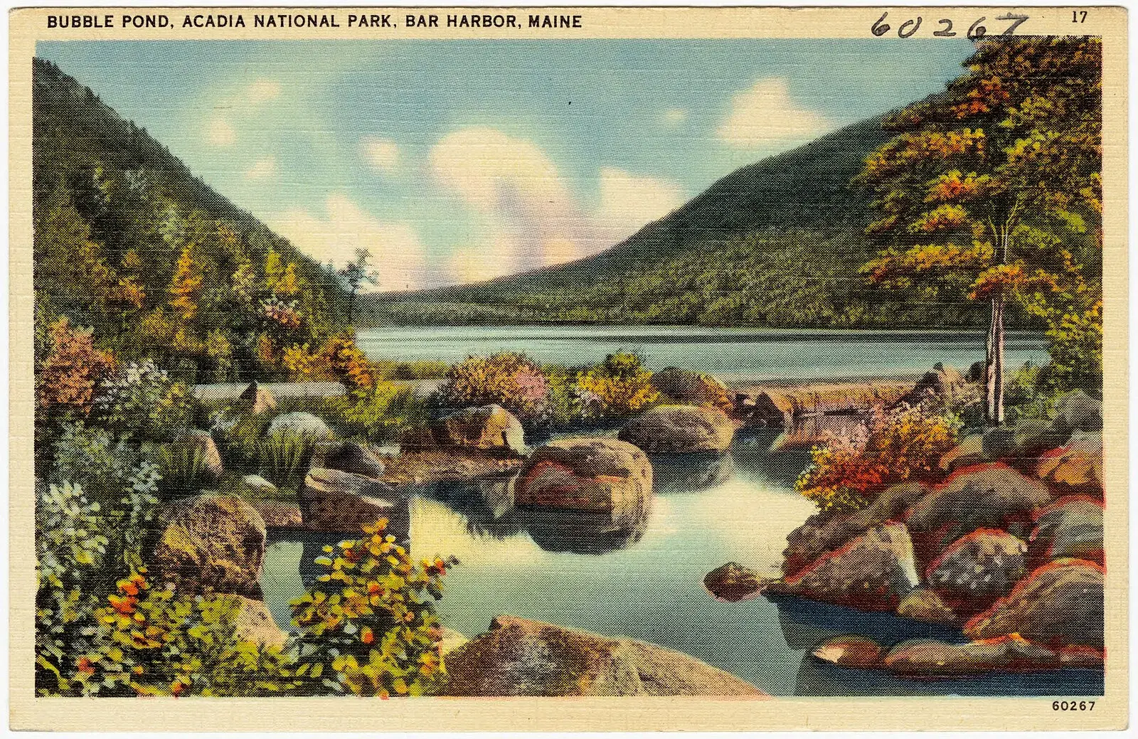 Vintage postcard of Bubble Pond, Acadia National Park, Bar Harbor, Maine