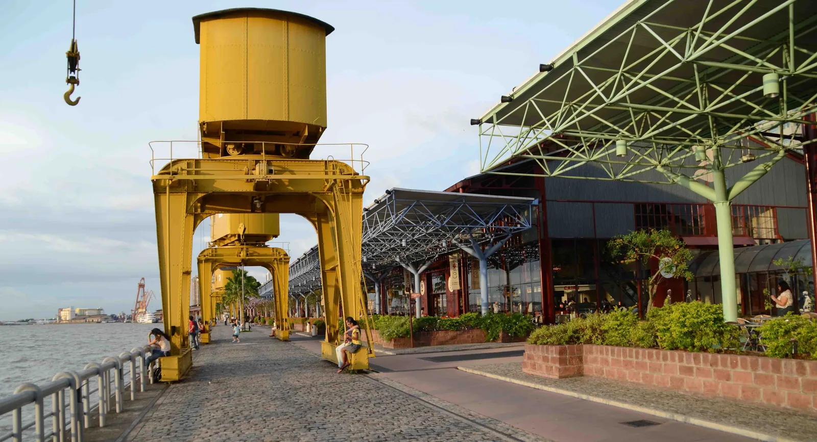 The riverside promenade at Estação das Docas in Belém, with the converted warehouses on one side and the water on the other