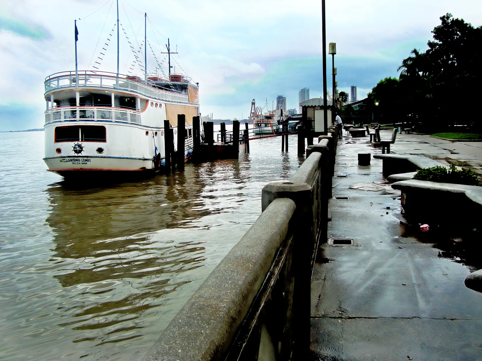 The Baía do Guajará at Belém, its brown water stretching to a low green far shore under a wide sky