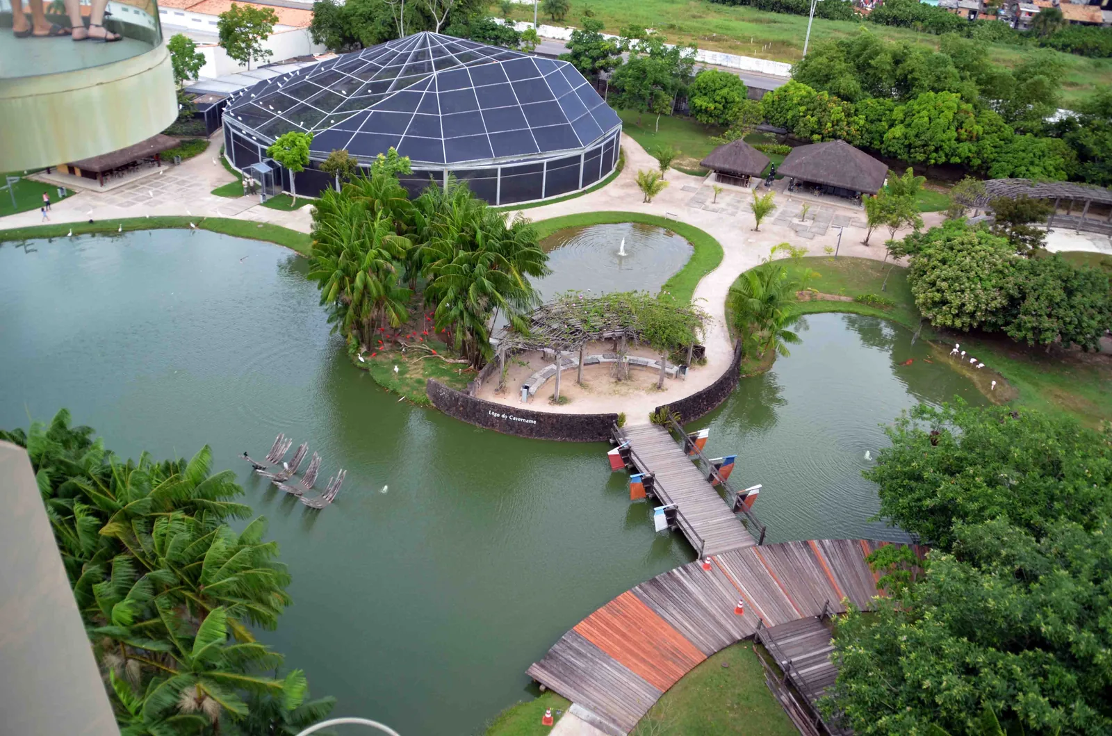The Mangal das Garças park at Belém seen from its observation tower, with lakes, walkways and the butterfly house among trees