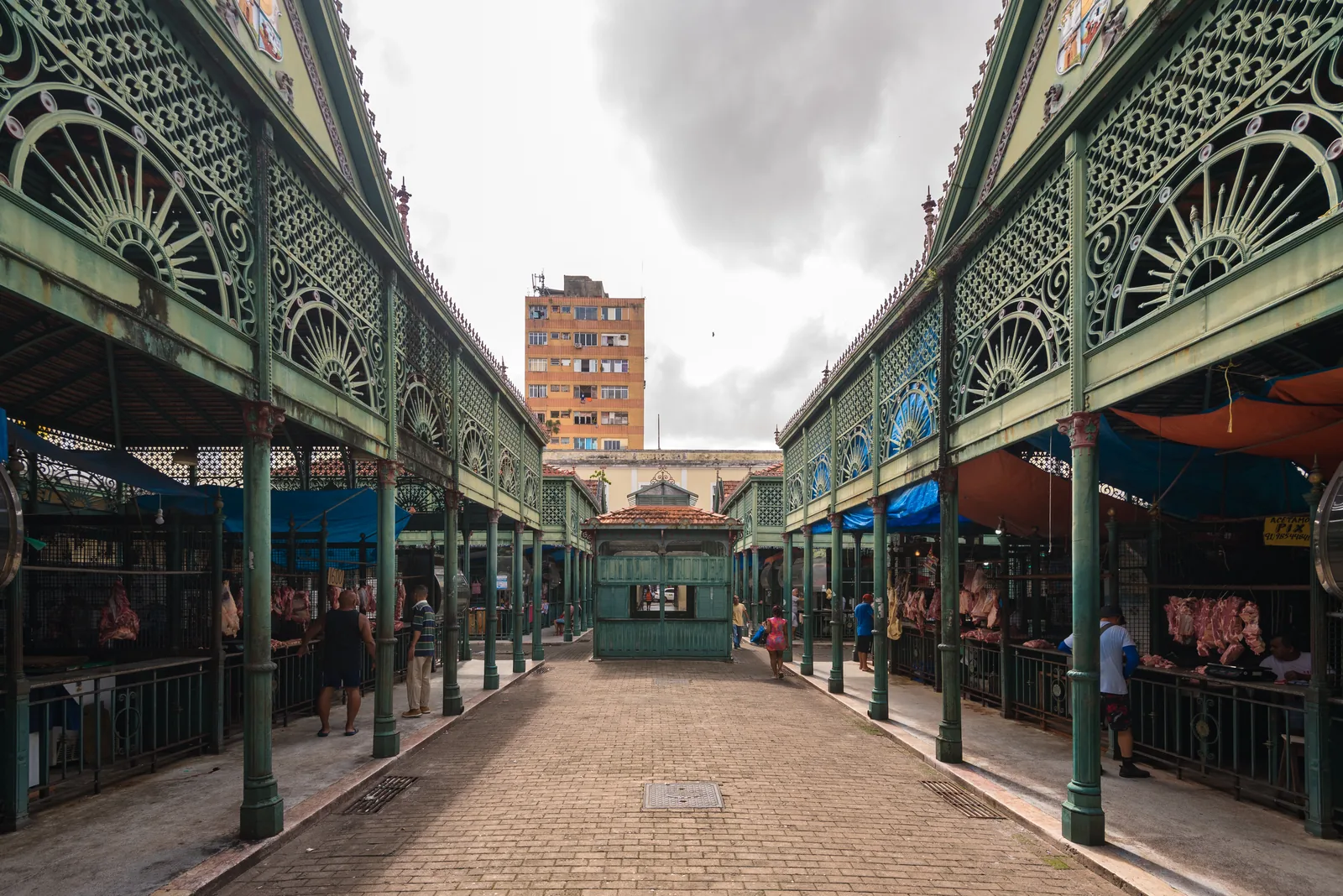 The Mercado de Carnes Francisco Bolonha at Belém, a cast-iron market hall with arched openings and decorative ironwork