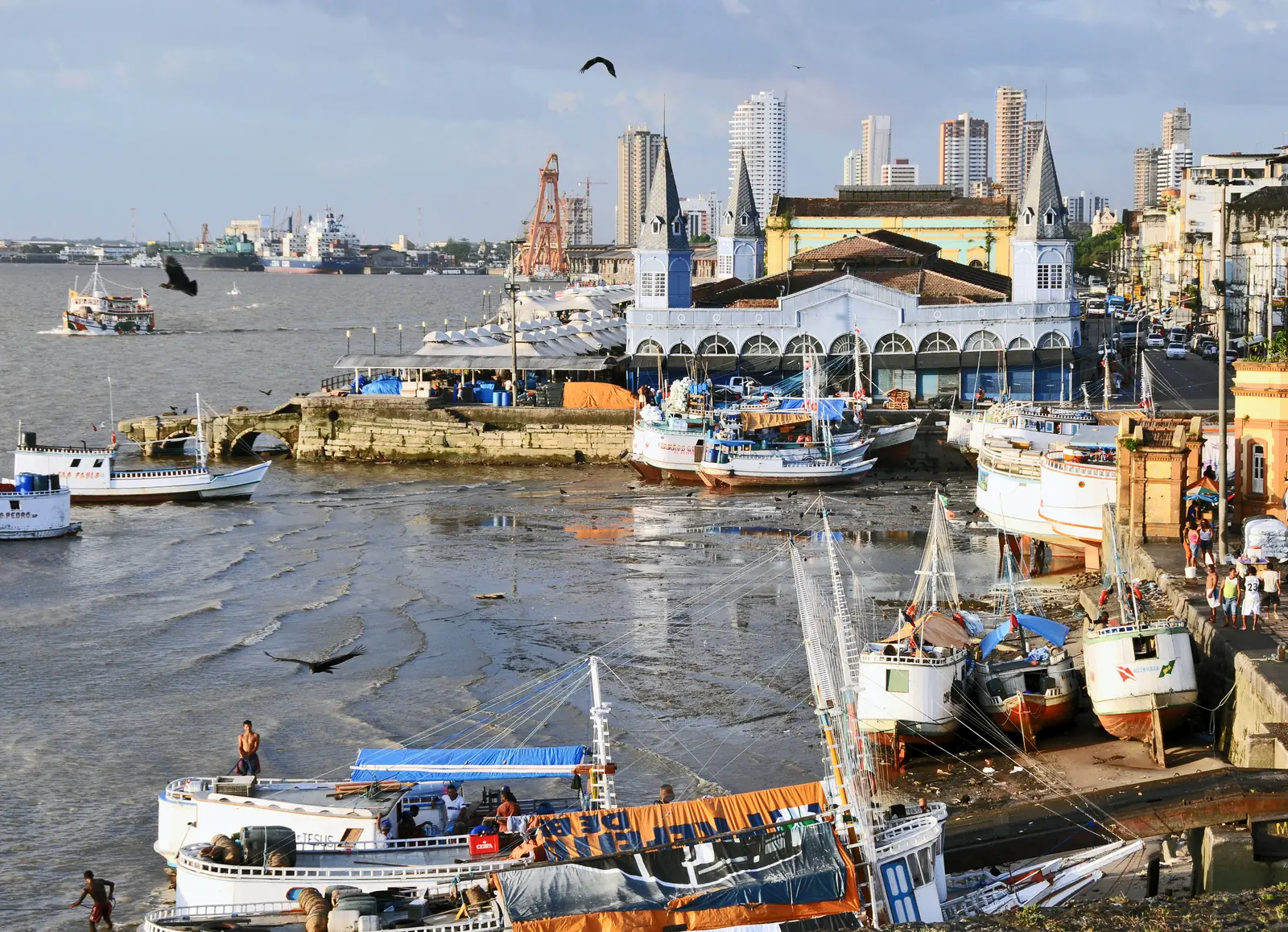 The fishing port at Belém with wooden boats moored in rows and the Ver-o-Peso market hall behind, seen from the Forte do Castelo