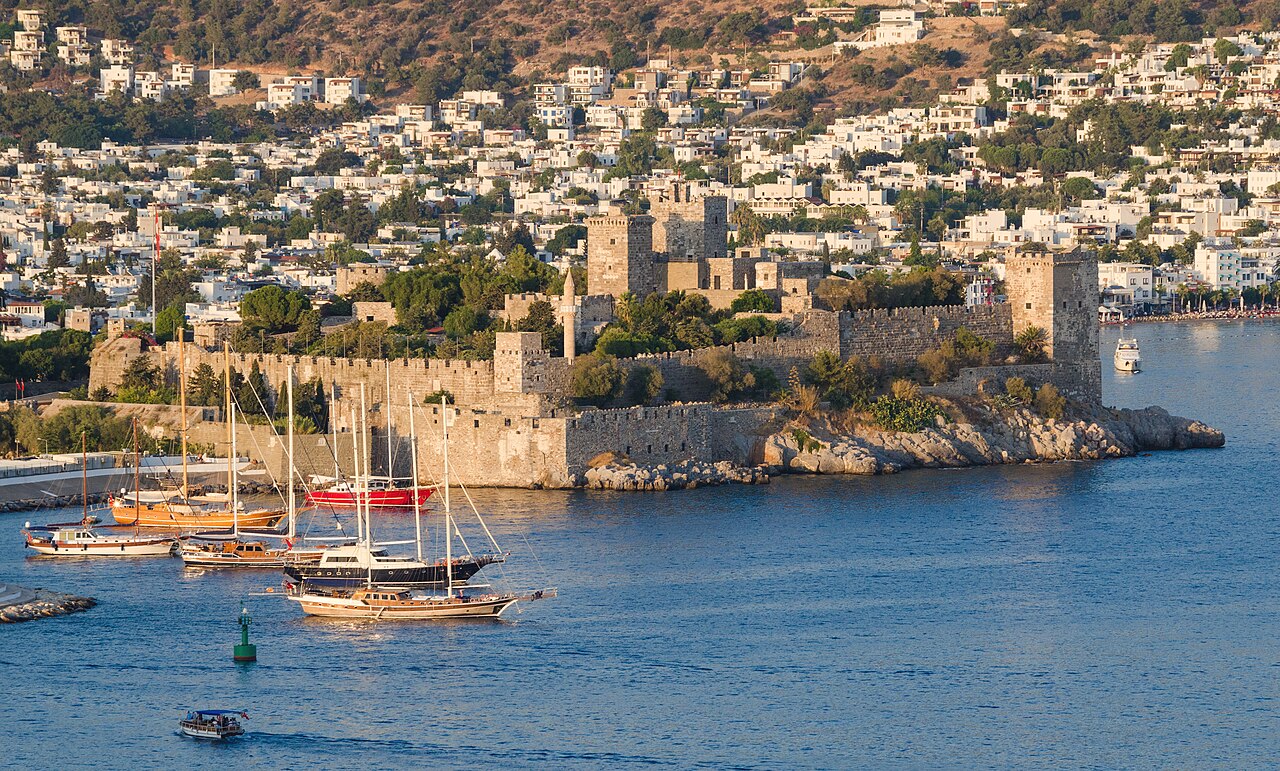 Ancient Theatre of Halicarnassus overlooking Bodrum harbor at sunset