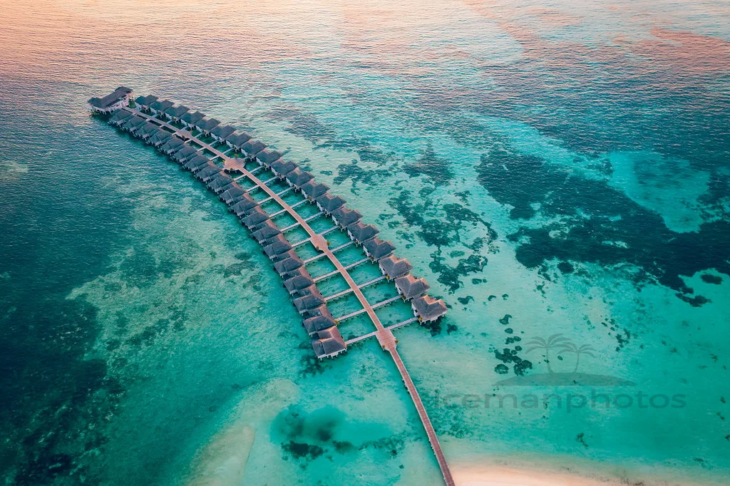 Panoramic aerial view of Bora Bora barrier reef and lagoon