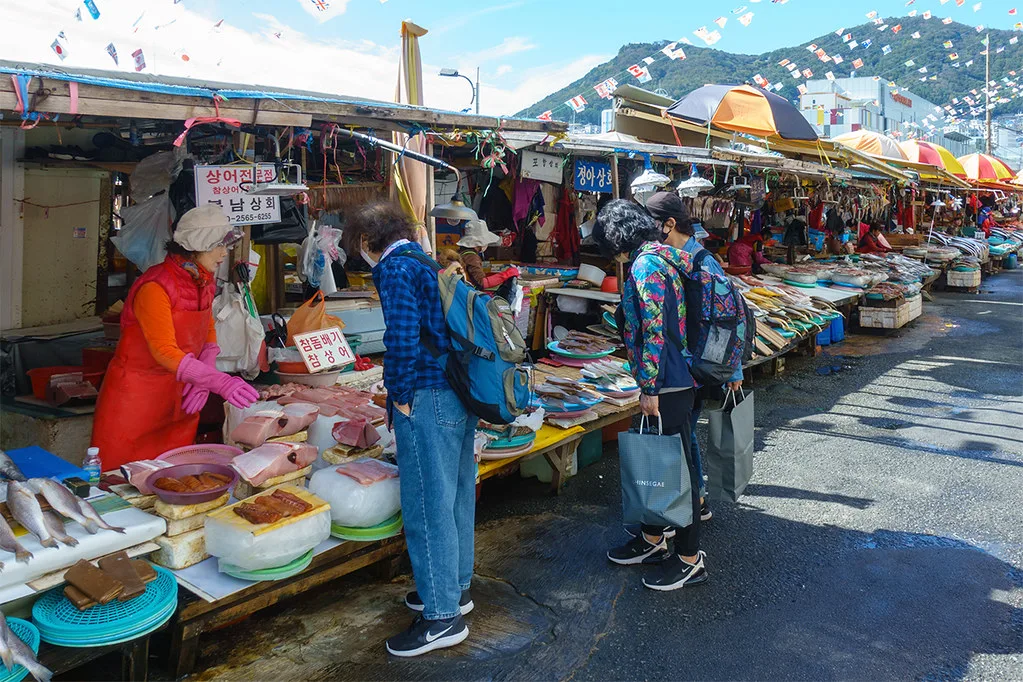 Fresh seafood and live octopus at Jagalchi Fish Market in Busan