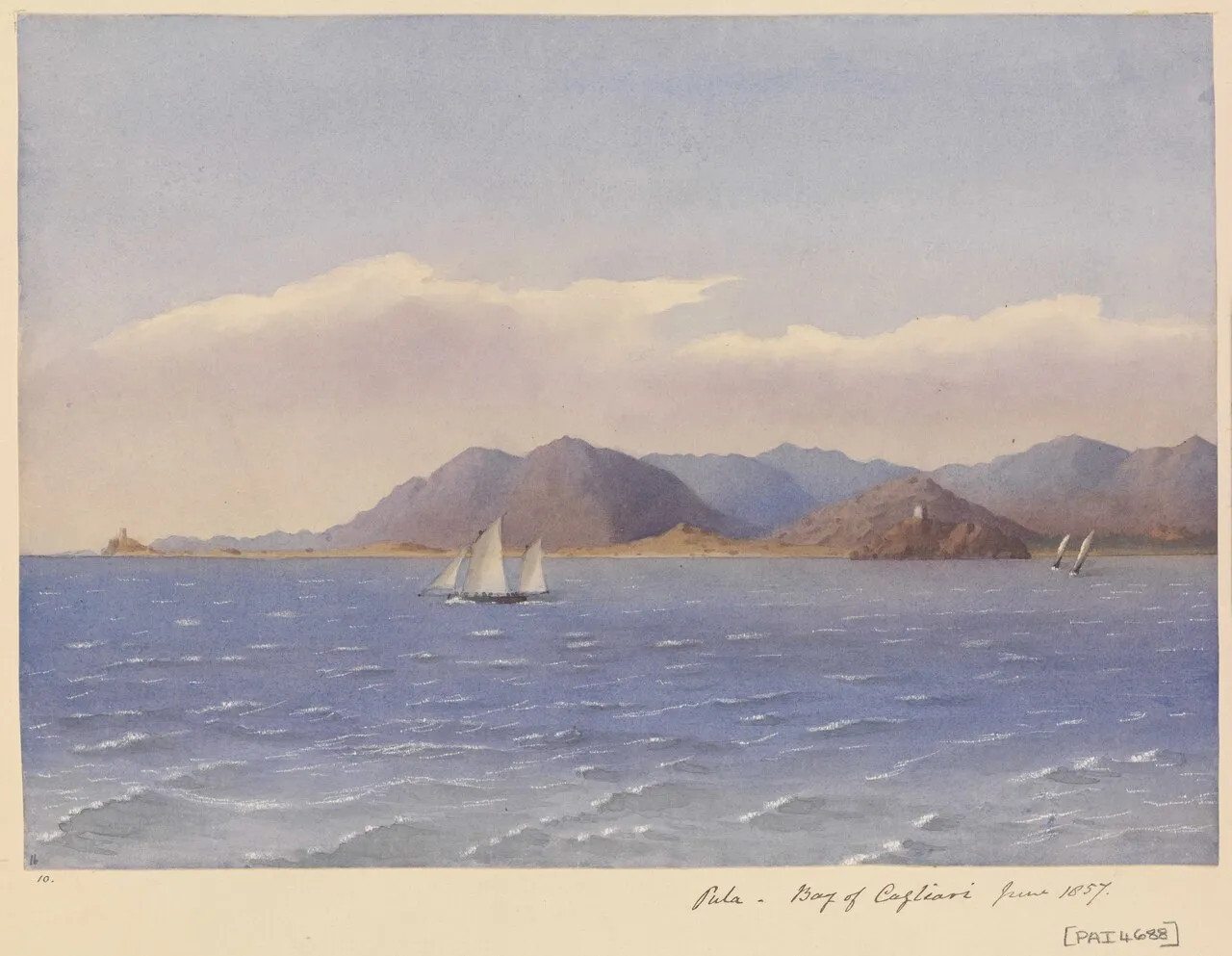 View of Cagliari from the harbor showing medieval Castello quarter towers rising above pastel buildings against blue sky