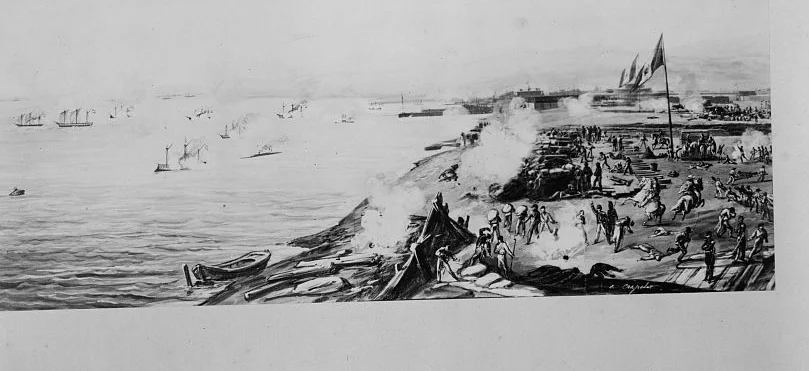 1866 lithograph showing Spanish naval ships shelling the Callao shoreline as Peruvian defenders man earthwork batteries beneath the Peruvian flag near Real Felipe Fortress