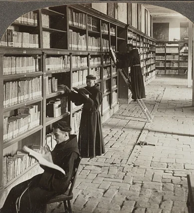 Early-1900s stereograph image showing three Franciscan friars at work in the colonial library of the Convent of San Francisco in Lima — one seated reading a folio, one mid-frame at the shelves, one on a tall ladder reaching the upper bookcases