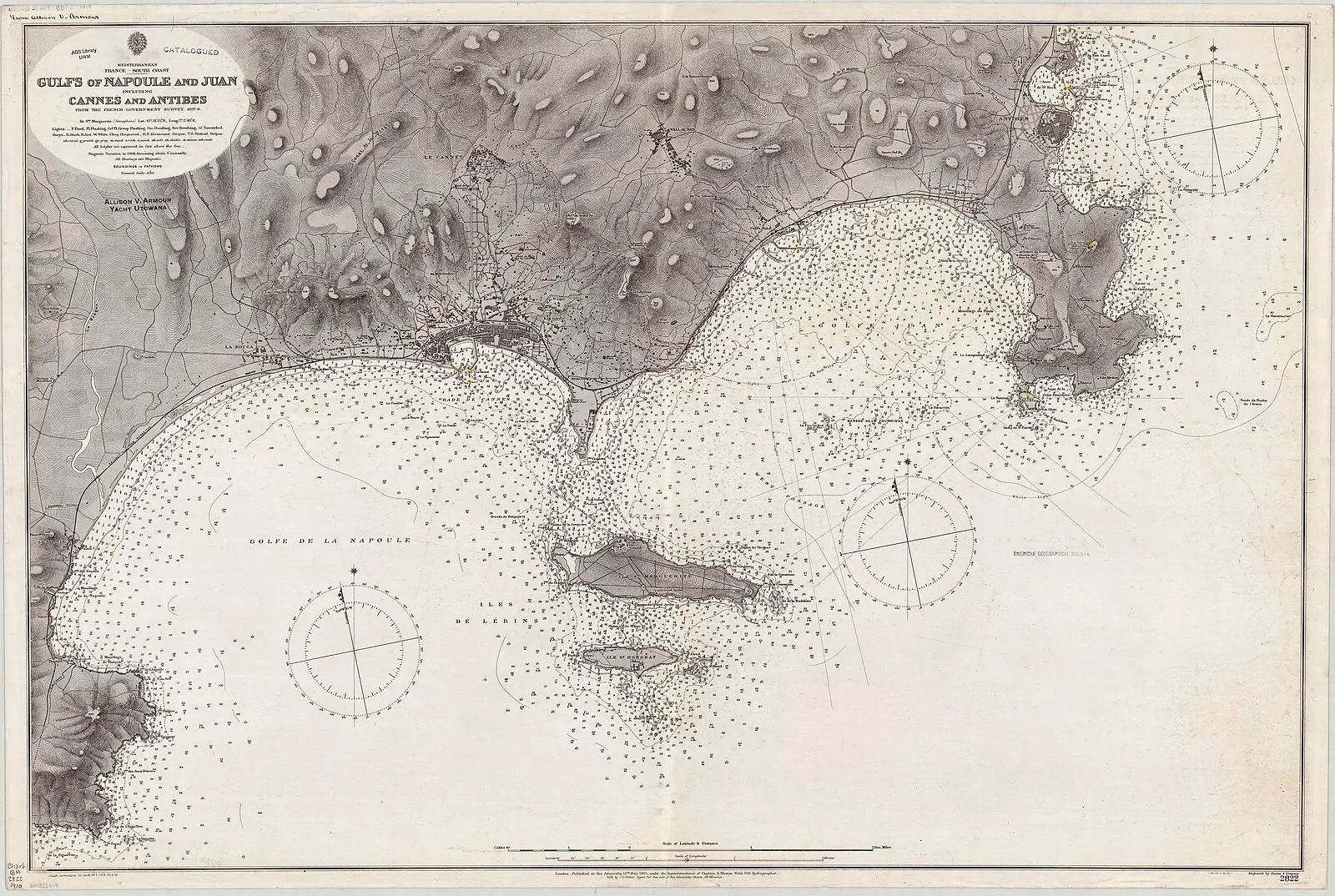 Historical nautical chart of the Gulfs of Napoule and Juan showing Cannes and Antibes