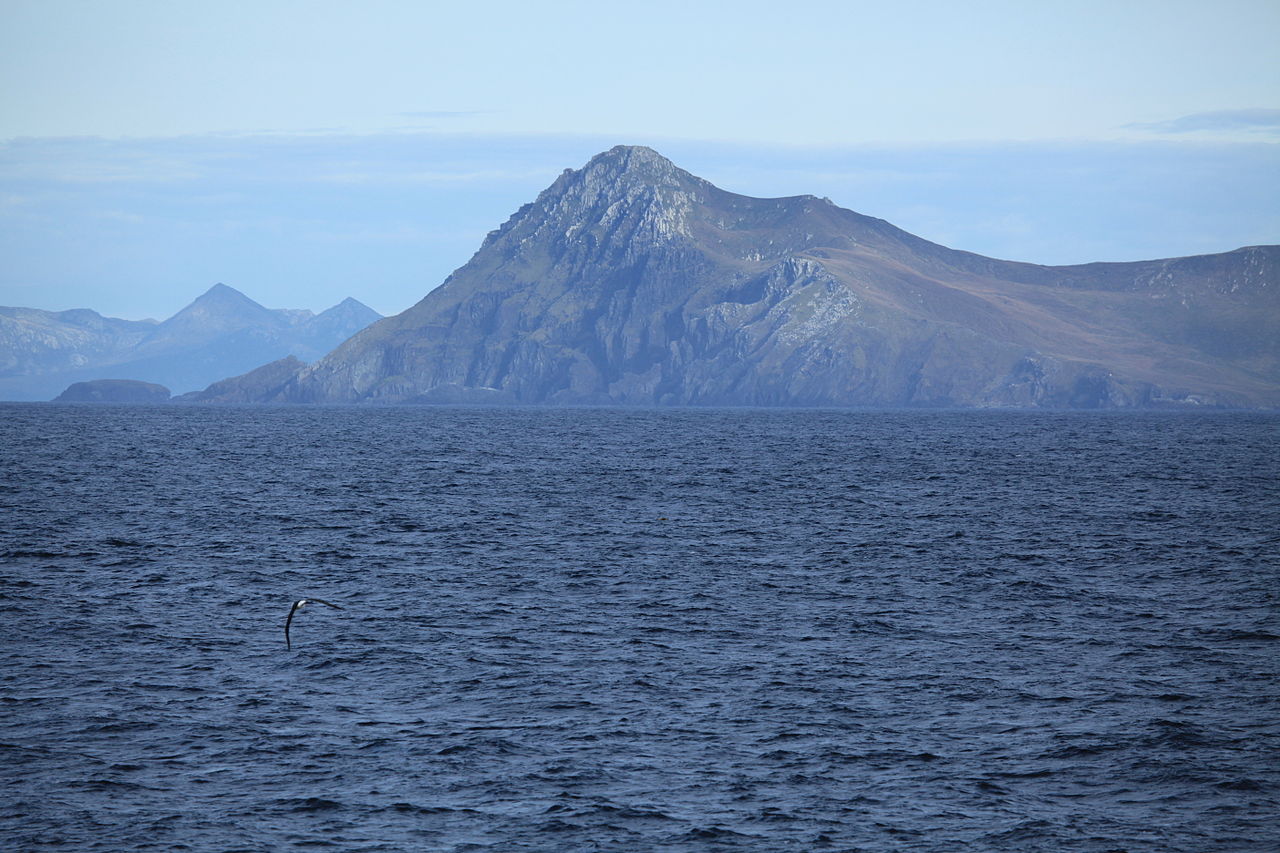 Cape Horn island seen from a passing ship with a seabird flying low over the choppy waters of the Drake Passage