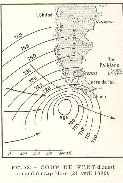 1896 French meteorological chart showing isobars of a western gale south of Cape Horn with barometric pressures