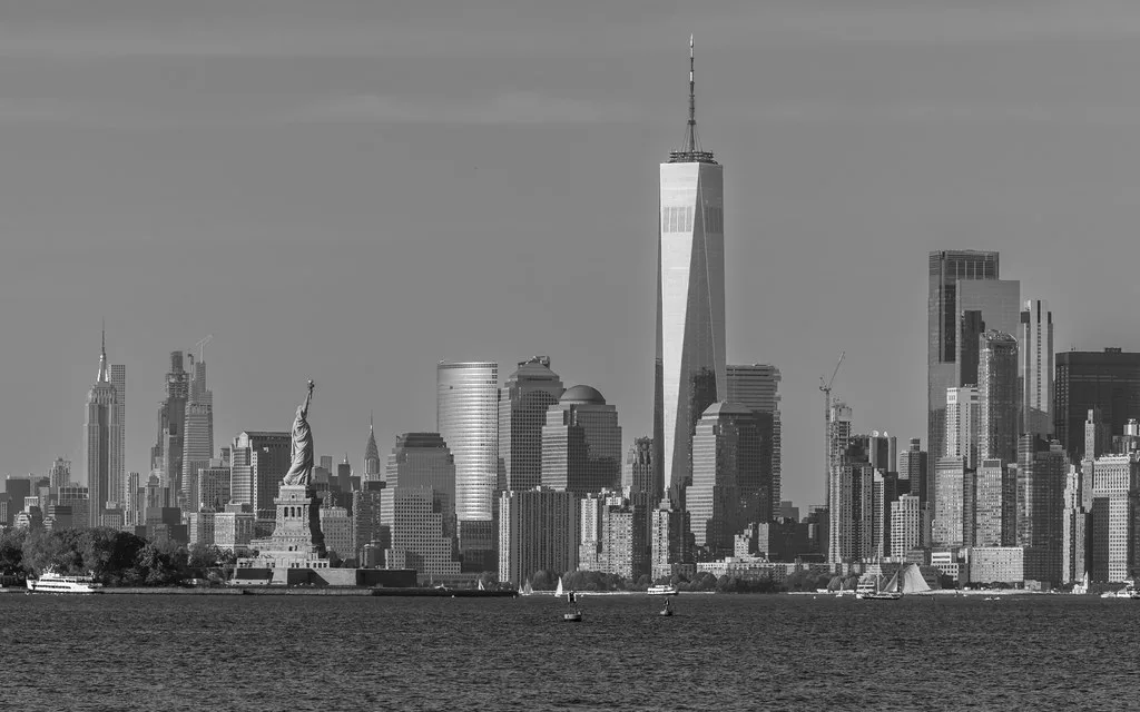 New York Harbor waterfront view from Bayonne with Manhattan skyline in the distance