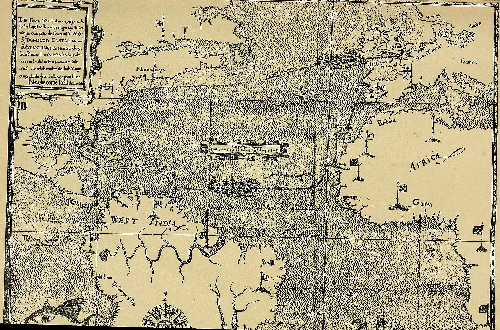 Historical navigation map showing the coast between Spain and the West Indies