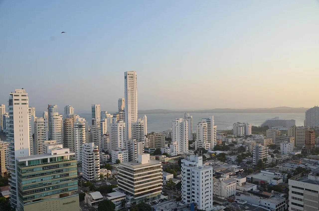Bocagrande modern high-rise skyline at sunset in Cartagena, Colombia