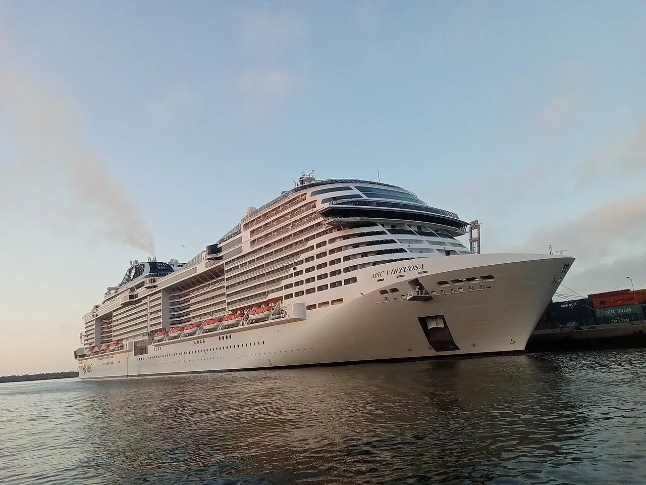Casablanca cruise port terminal with ship docked and city skyline behind