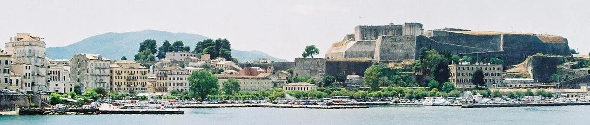 Liston arcade with cafe tables in Corfu Old Town