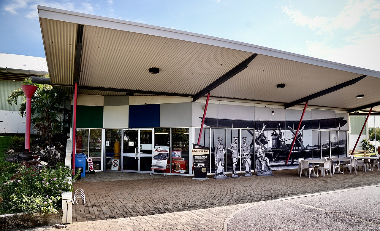 Darwin Aviation Museum entrance with The Great Air Race historical display and pilot cutouts