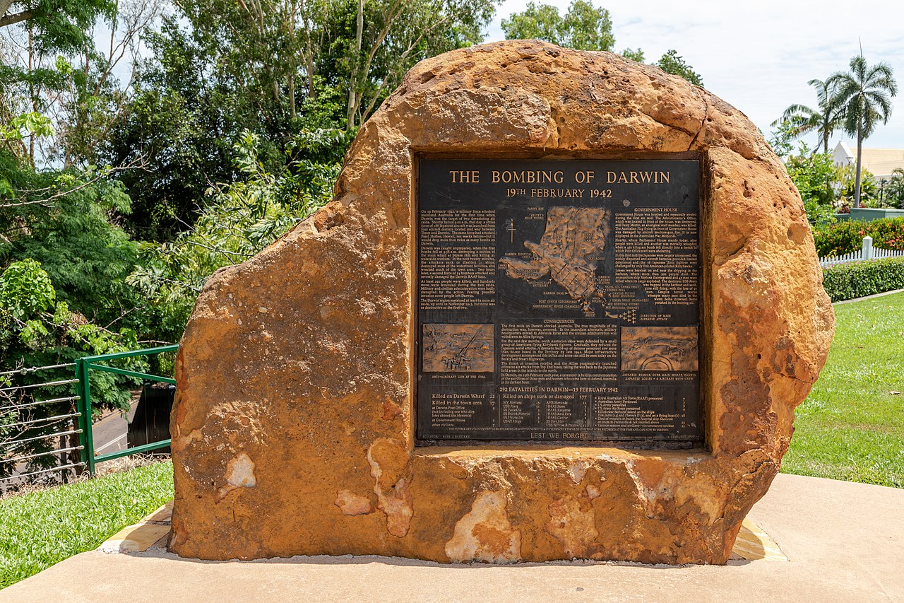 The Bombing of Darwin memorial plaque set in a large rock, commemorating the 19th February 1942 attack