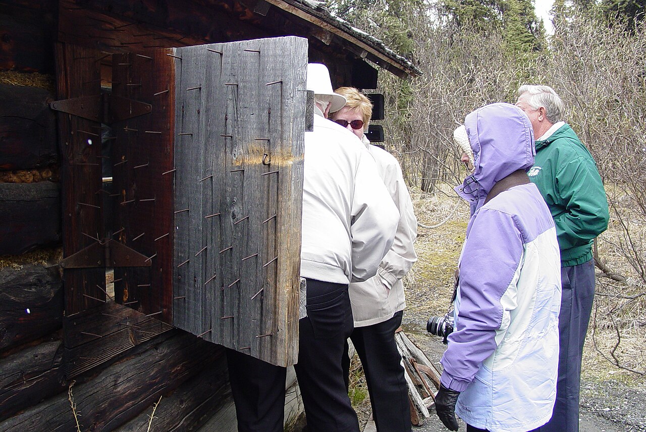 Bear-proof shutters with nails on Savage Cabin in Denali National Park wilderness