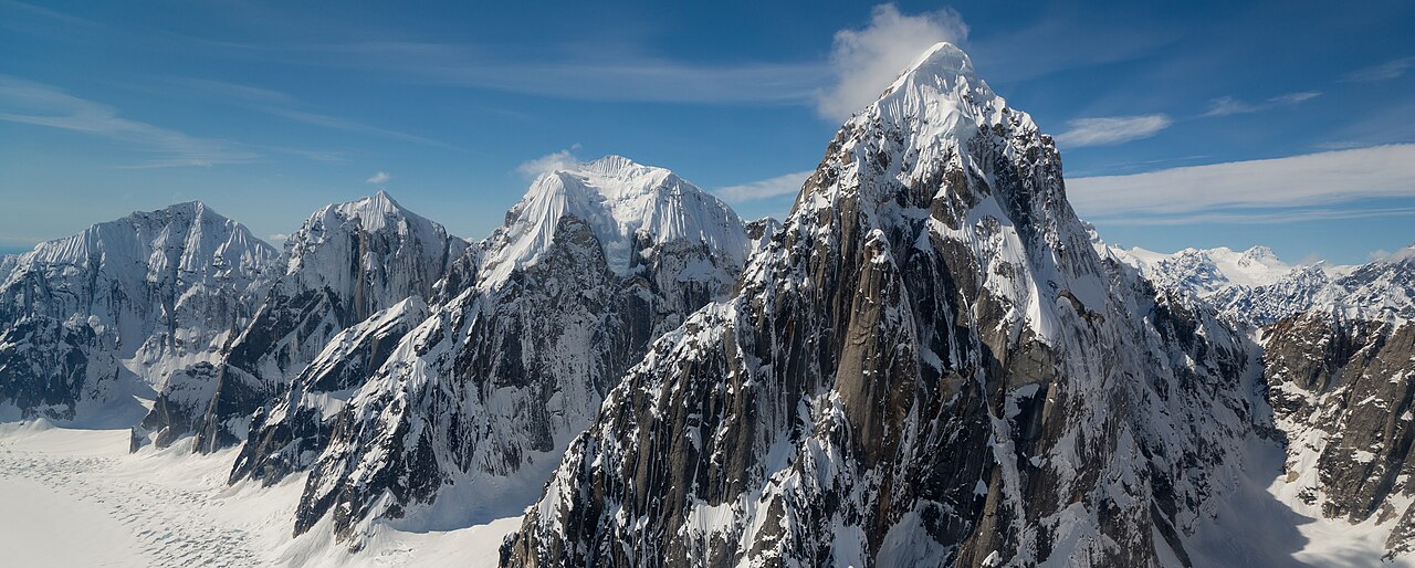 Alaska Range peaks panorama from aerial view with glaciers and snow-capped summits