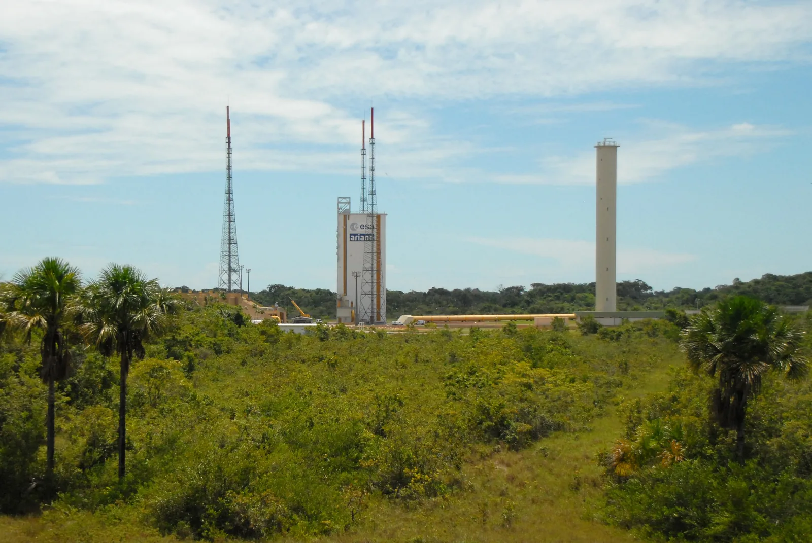The Ariane launch complex at the Guiana Space Centre near Kourou, its gantry and towers against the sky