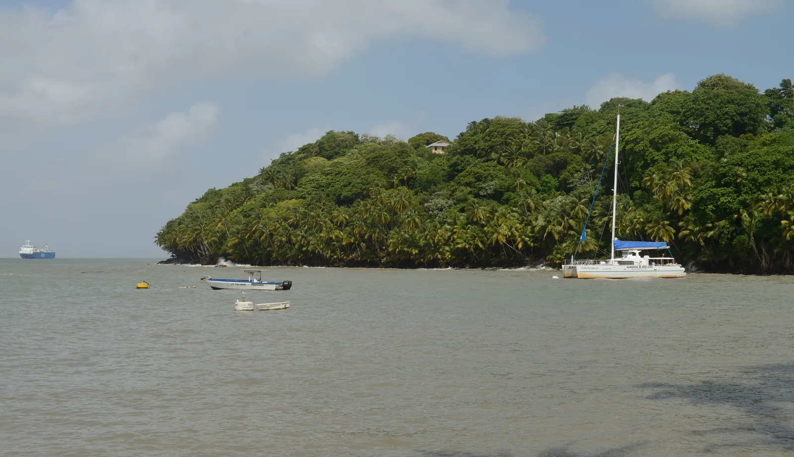 The anchorage off Île Royale with the boat from Kourou lying offshore and the island's palm-covered shore beyond
