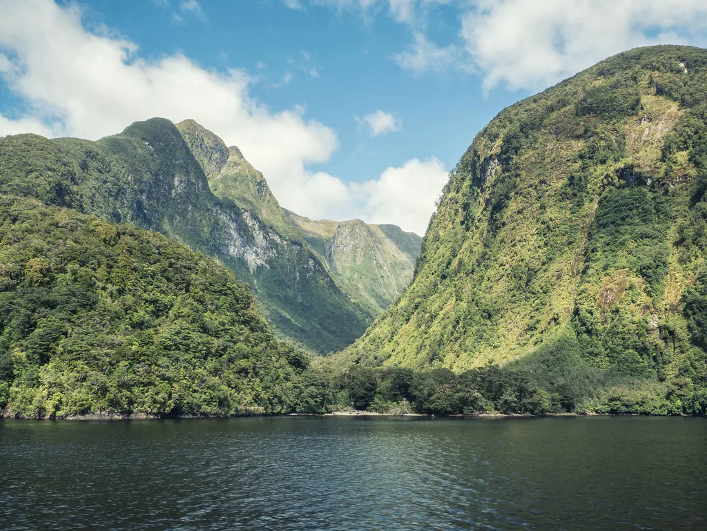 Mist rising from the surface of Doubtful Sound at dawn with mirror-like reflections