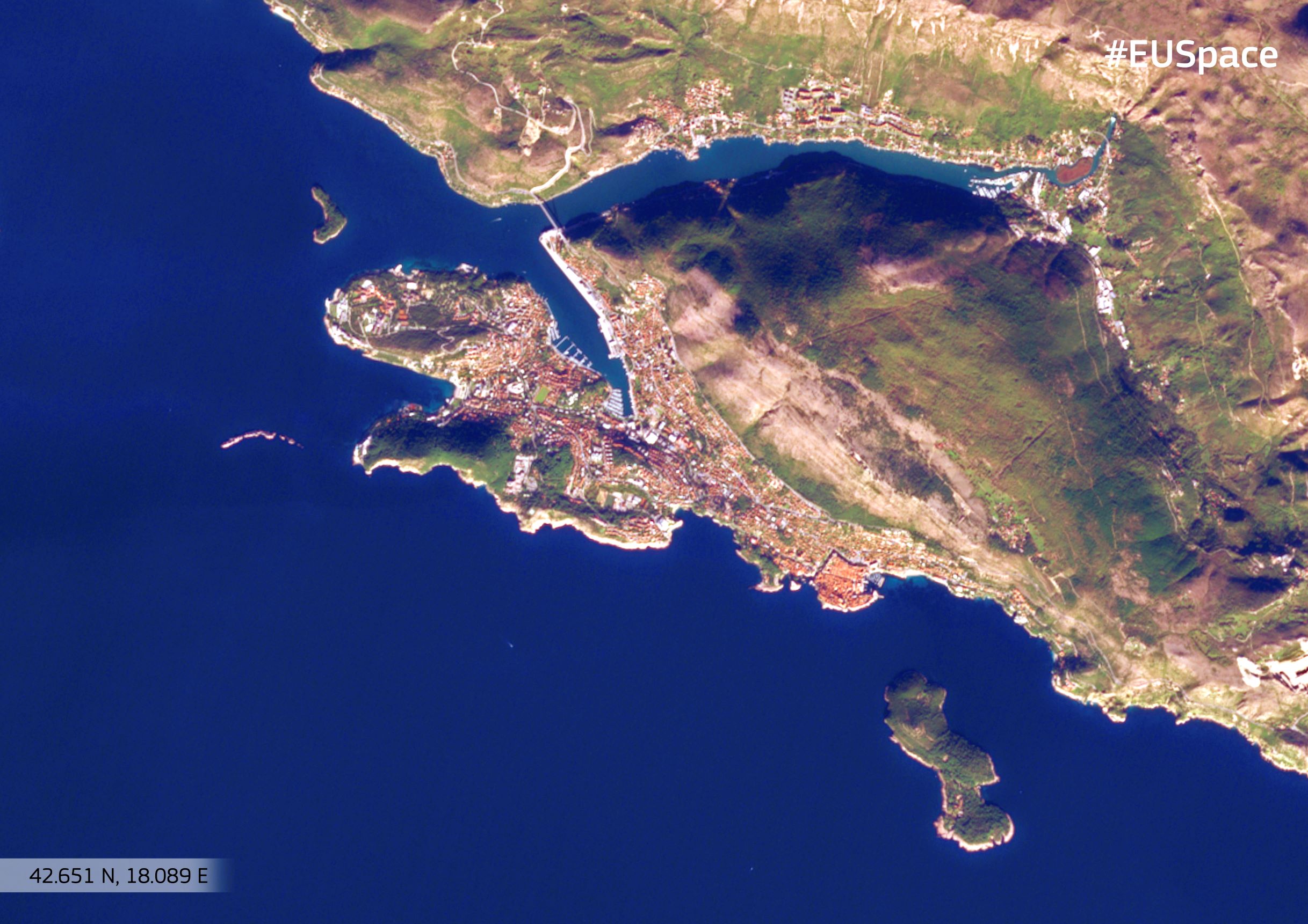 Satellite image of Dubrovnik peninsula and surrounding coastline from space, coordinates 42.651 N 18.089 E