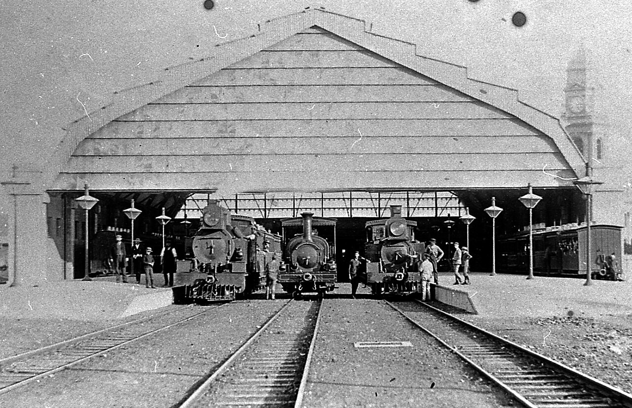 Historic Durban railway station from the 1890s with steam locomotives lined up along the platform