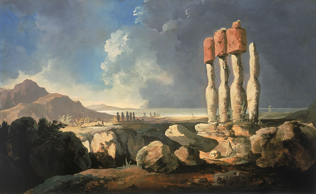 William Hodges painting from Captain Cook's 1774 expedition showing moai with red pukao topknots against dramatic sky