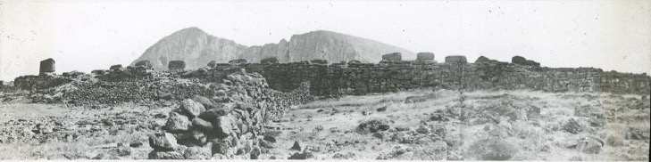 Historic black and white panorama of Easter Island showing ahu platform ruins and volcanic landscape