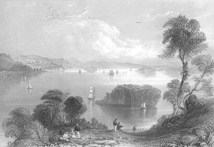 A nineteenth-century steel engraving of Eastport and Passamaquoddy Bay, with sailing ships on calm water, wooded islands, and figures resting on a foreground bluff