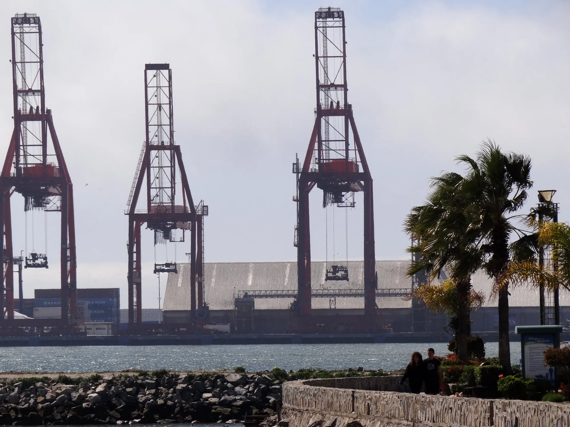 Ensenada harbor scene with fishing boats moored at dock and Baja California mountains in background