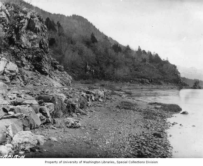 Rocky beach along Chilkat River from 1909 Alaska Midland Railway survey expedition
