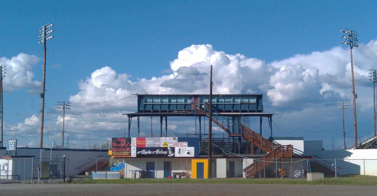 Growden Memorial Park baseball stadium bleachers and box seats with Alaska Airlines signage