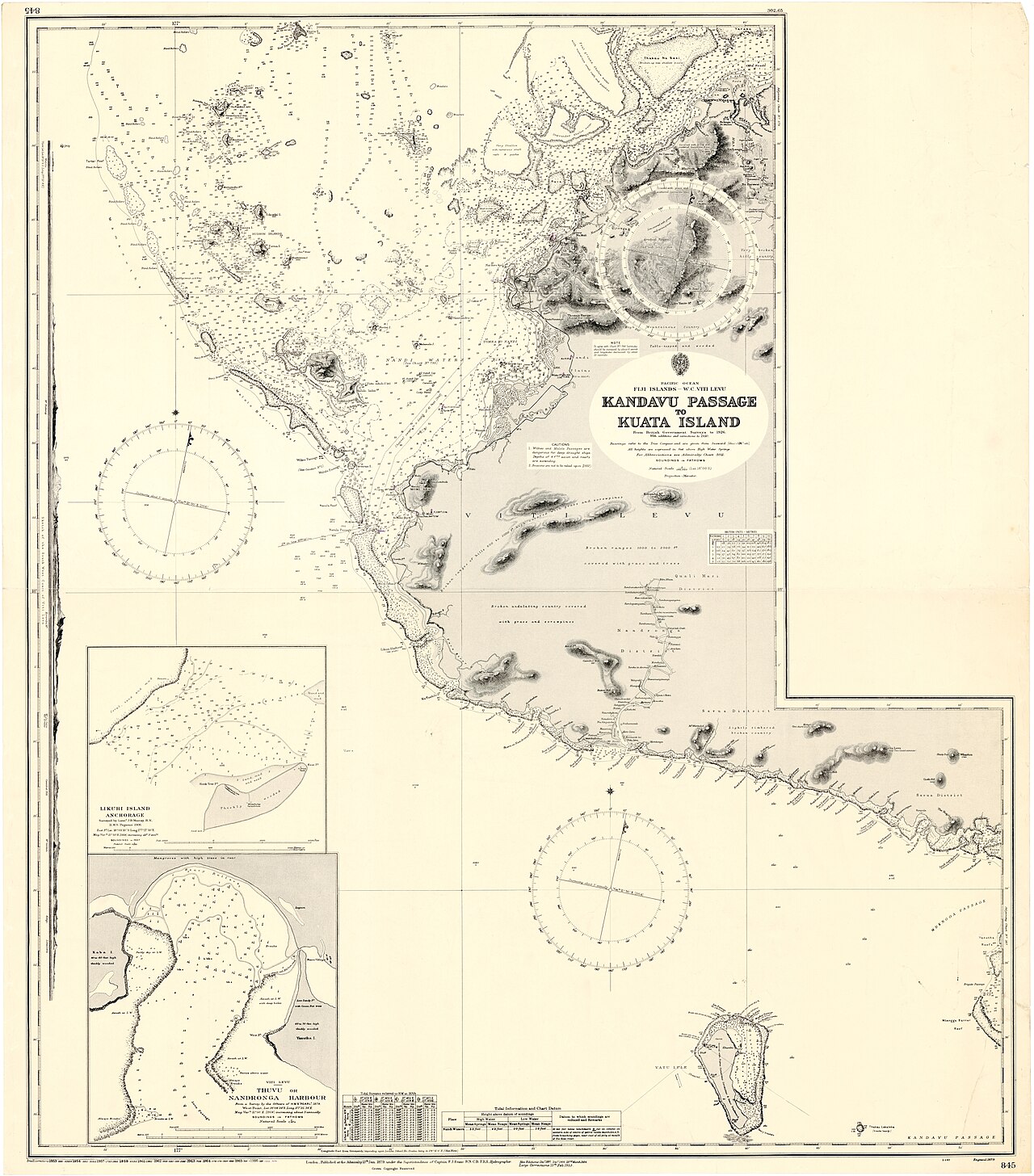 Historical Admiralty nautical chart of Kandavu Passage to Kuata Island in the Fiji Islands