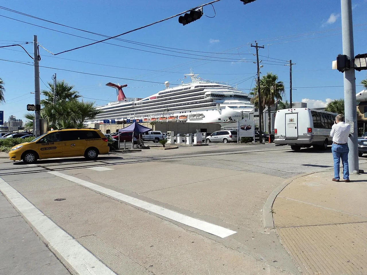 Carnival cruise ship at Galveston terminal viewed from street level