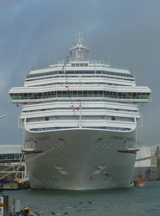 Bow view of Carnival Conquest docked at Galveston cruise port